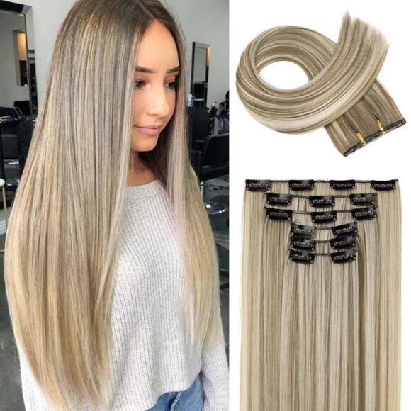 New 6PC Clip-in Hair Extensions 24" Straight - Ash Brown with Blonde Highlights